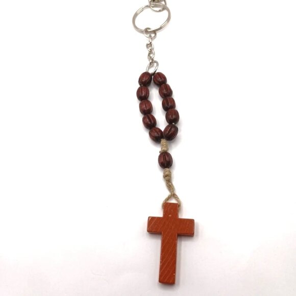 Wood Beaded + Wood Cross 8 Inch Keychain or Purse Charm - Picture 5 of 5